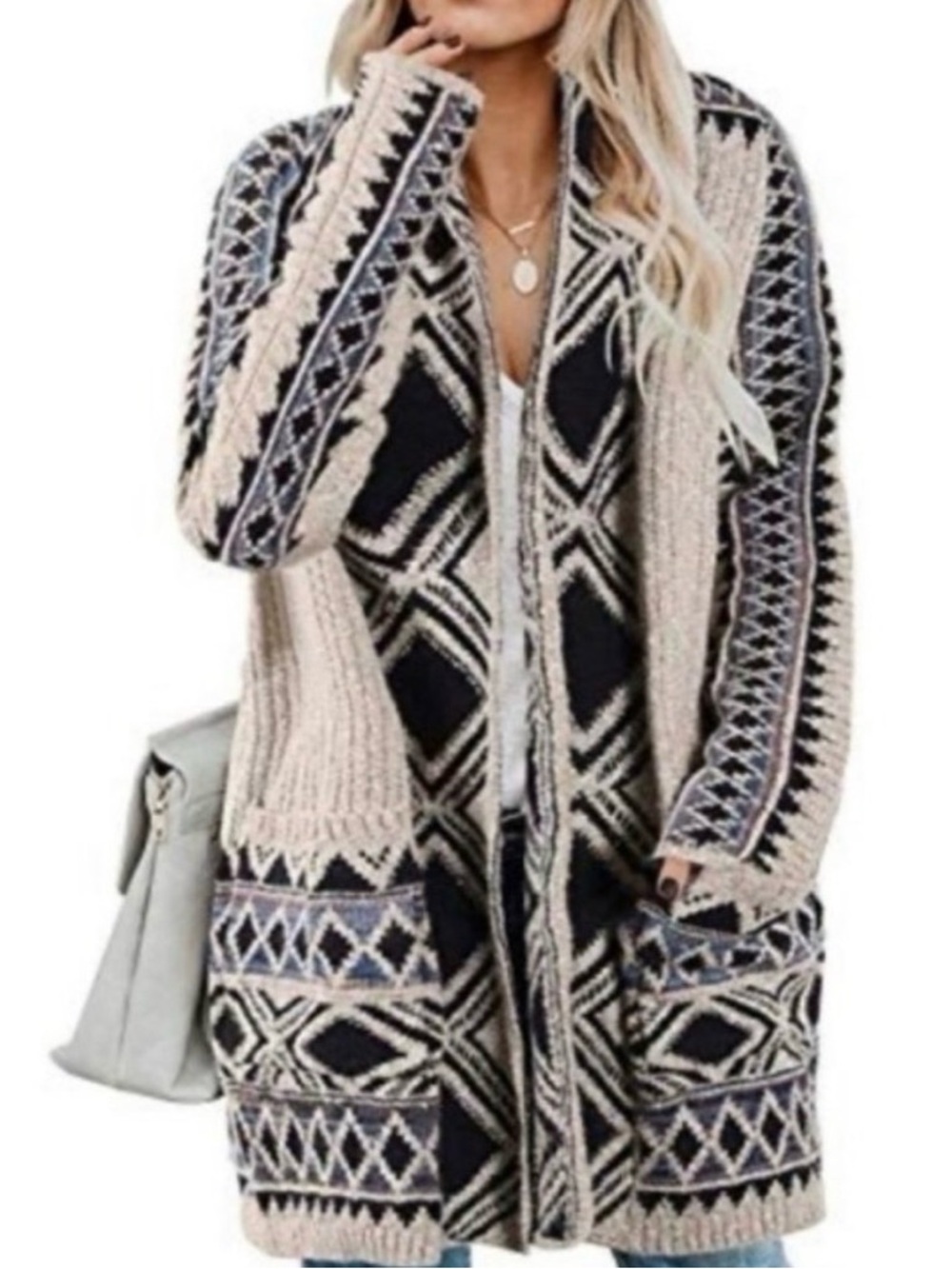 Lucky Brand Beige and Black Geometric Open-Front Cardigan